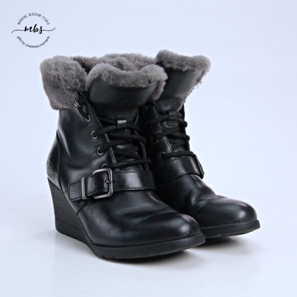 UGG Janney Waterproof Fur Wedge Boots Black Women 5 - Picture 2 of 13